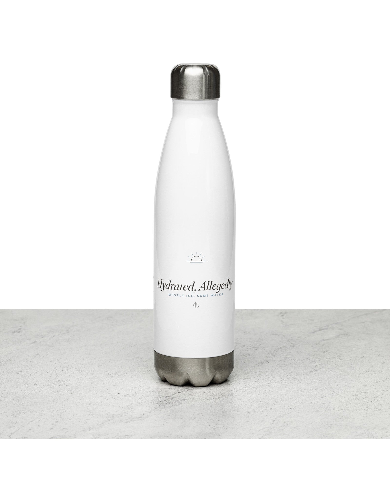 The Hydrated, Allegedly Water Bottle in White, styled lifestyle shot