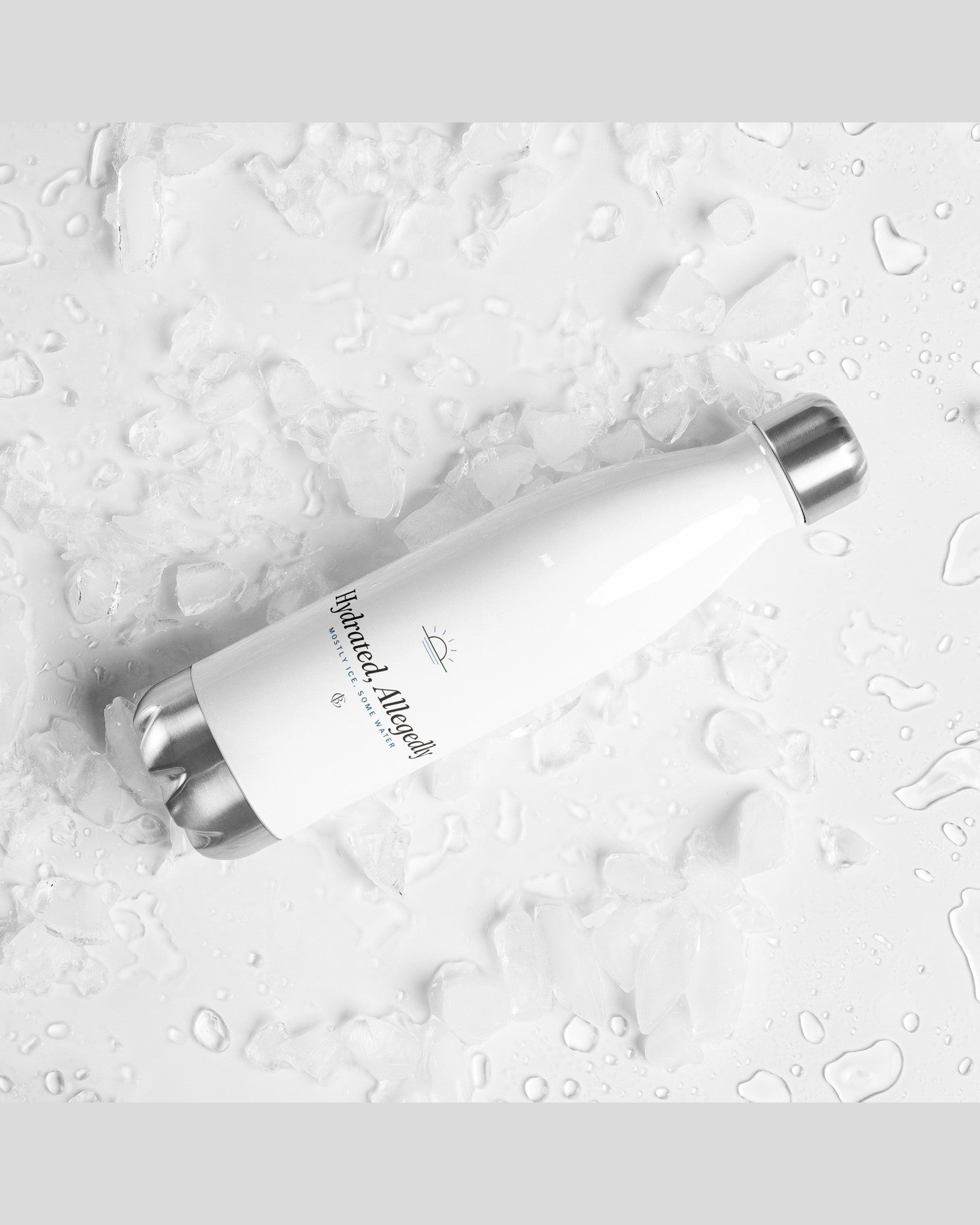 The Hydrated, Allegedly Water Bottle in White, styled lifestyle shot
