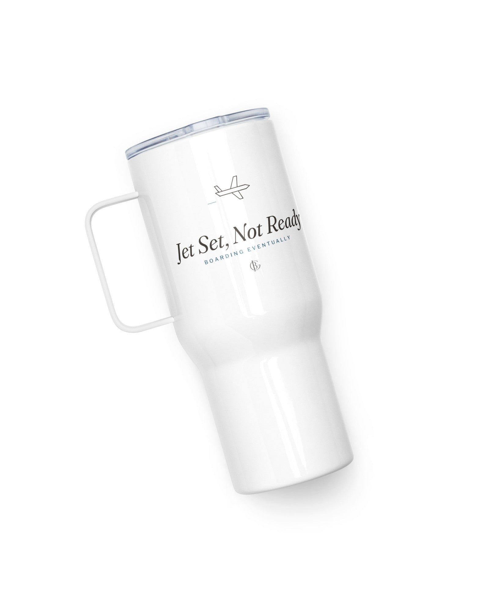 The Jet Set, Not Ready Travel Mug in White, product shot from another angle