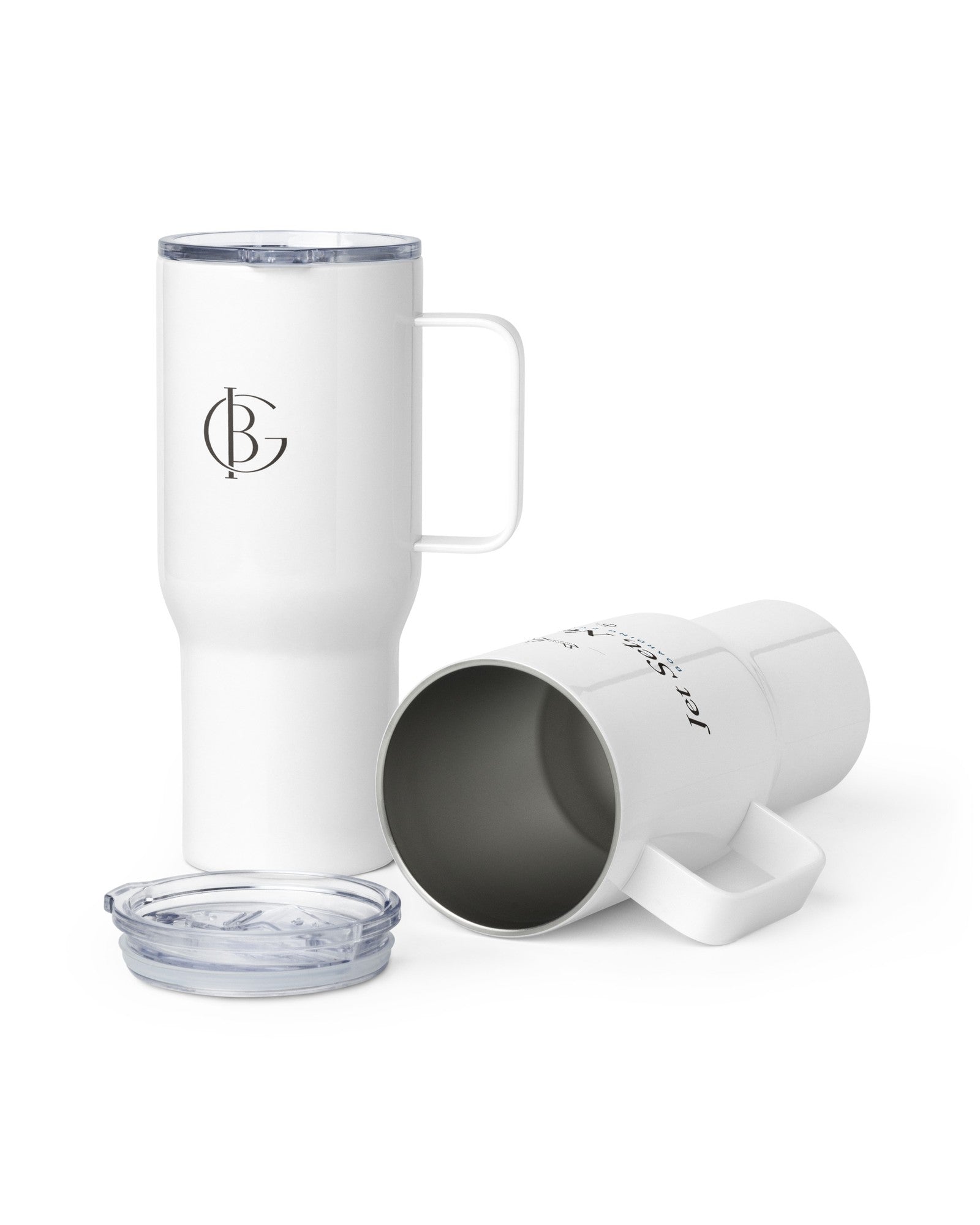 The Jet Set, Not Ready Travel Mug in White, product shot from another angle
