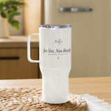 The Jet Set, Not Ready Travel Mug in White, styled lifestyle shot