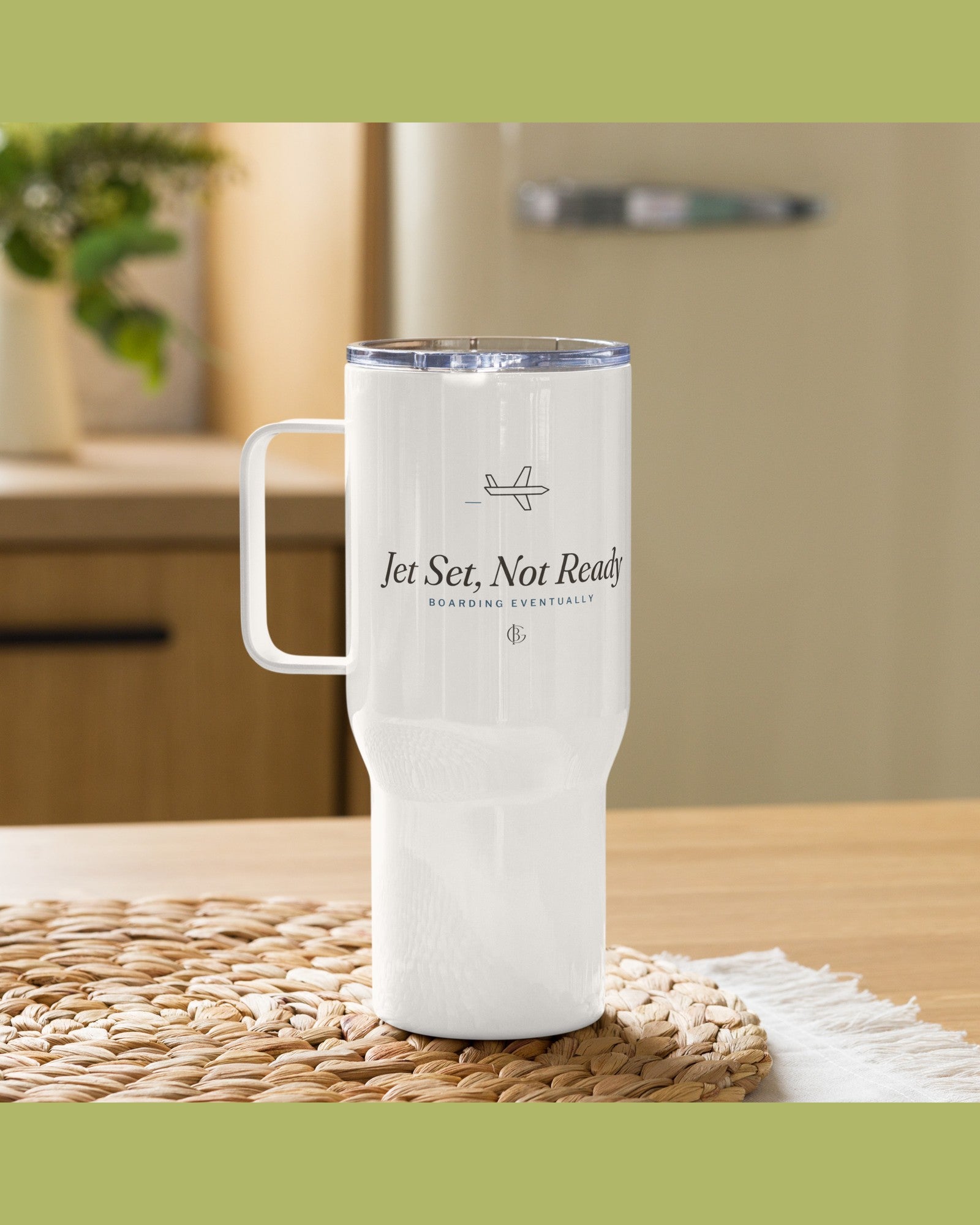 The Jet Set, Not Ready Travel Mug in White, styled lifestyle shot