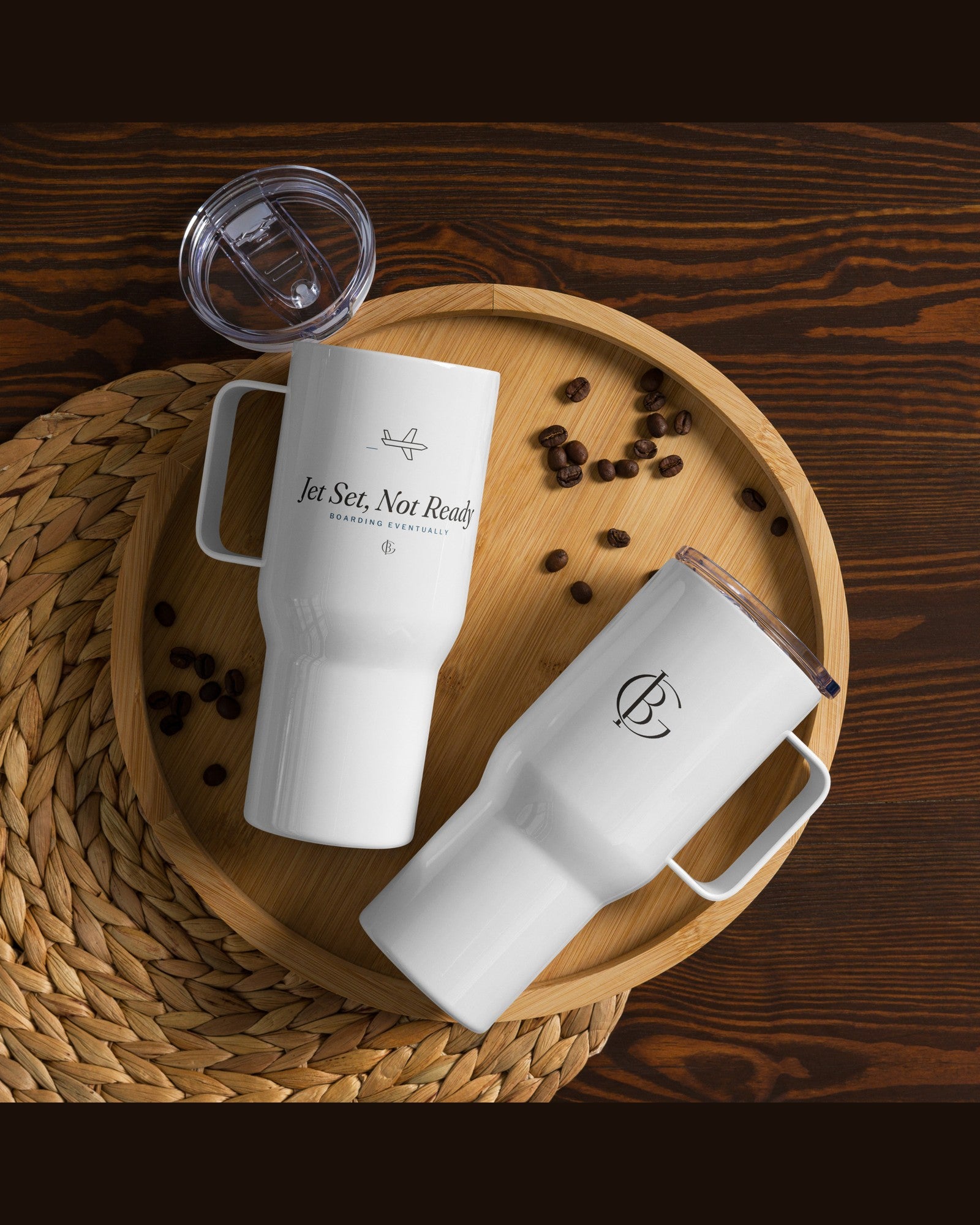 The Jet Set, Not Ready Travel Mug in White, styled lifestyle shot