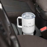 The Jet Set, Not Ready Travel Mug in White, styled lifestyle shot