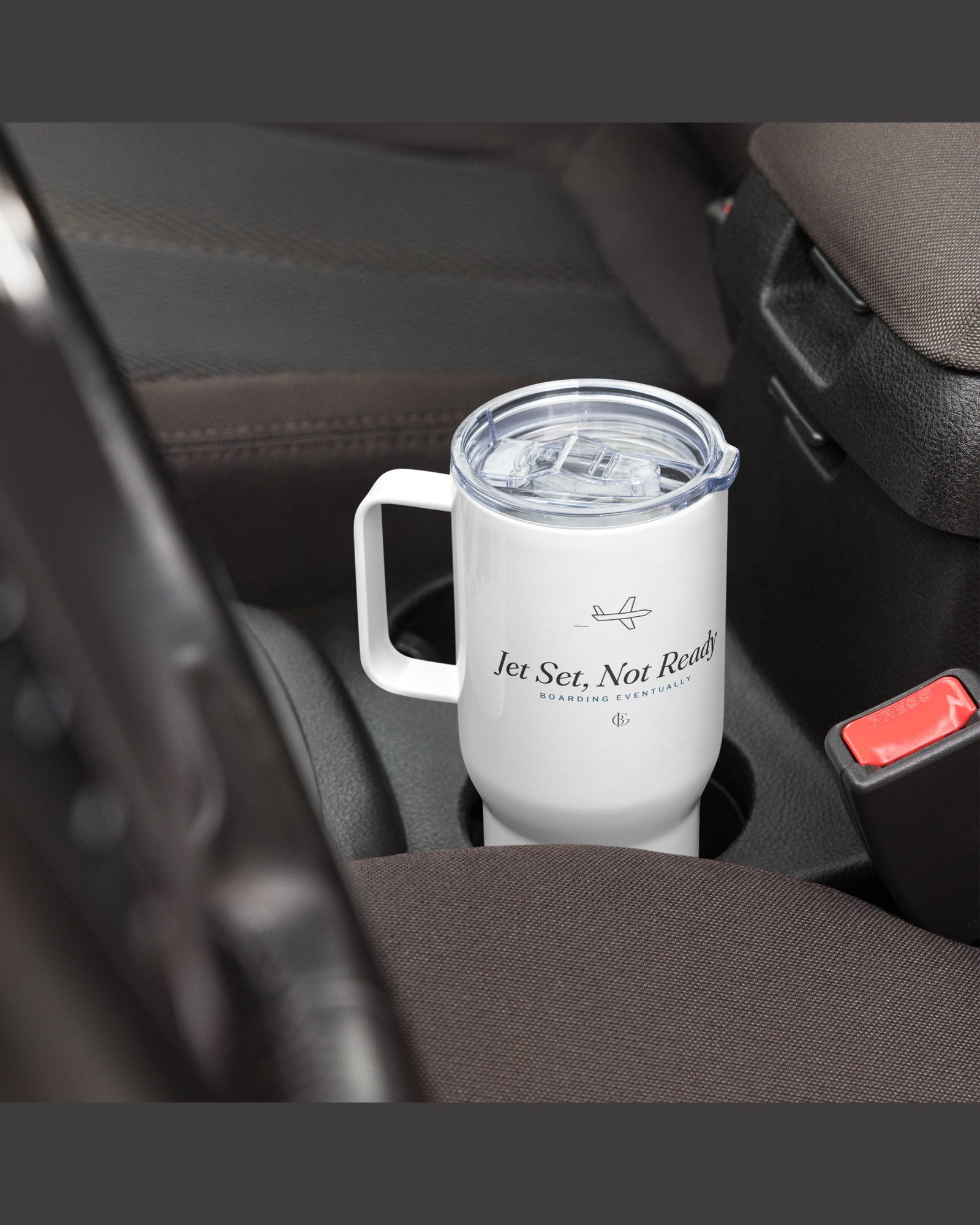 The Jet Set, Not Ready Travel Mug in White, styled lifestyle shot