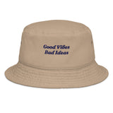 The Good Vibes Bad Ideas Bucket Hat in Khaki, front