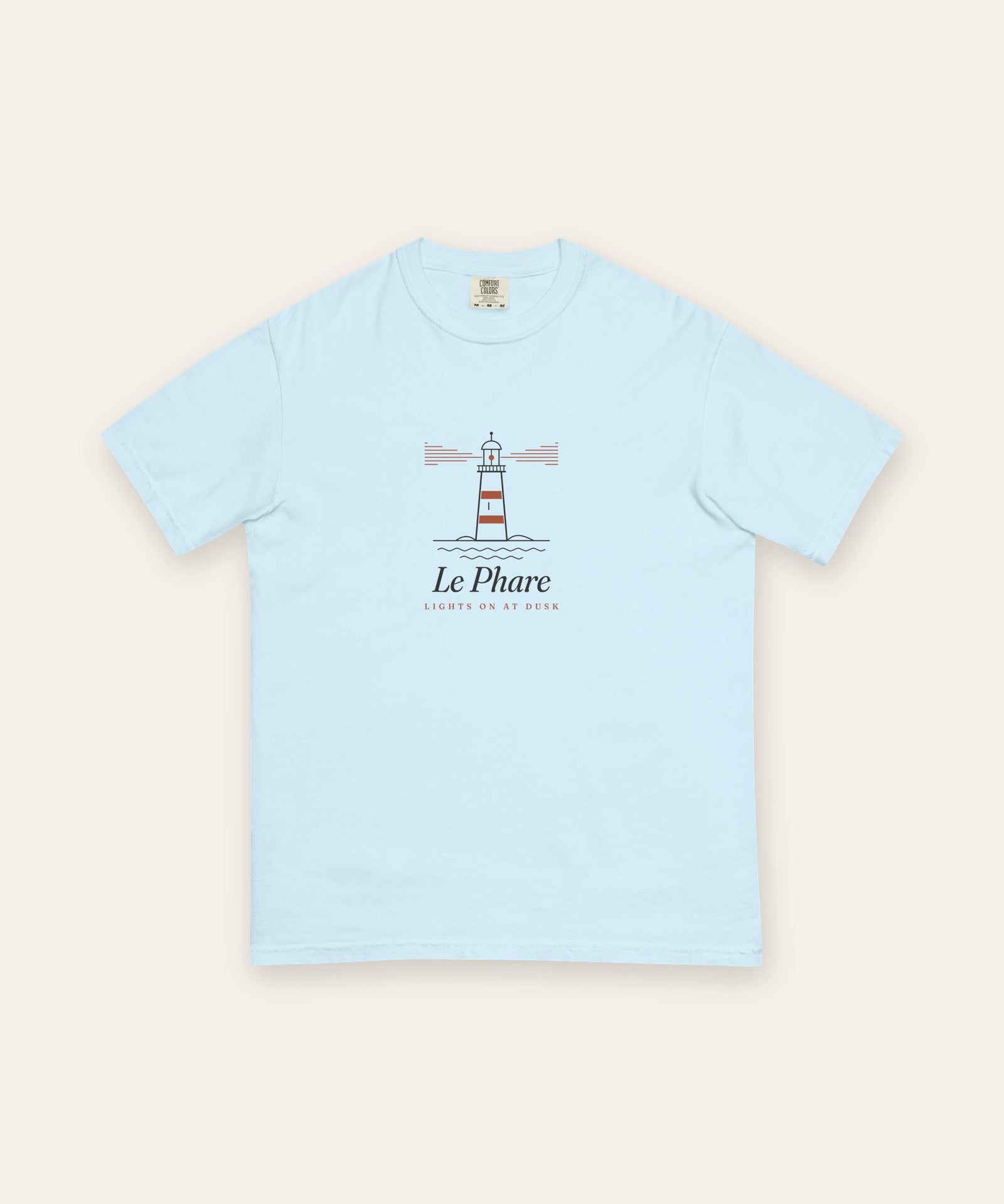 Le Phare Tee in Chambray, flat lay front, product shot on cream