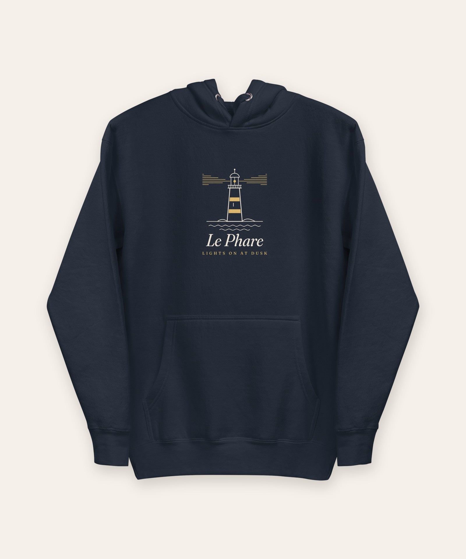 Le Phare Hoodie in Navy Blazer, flat lay front, product shot on cream