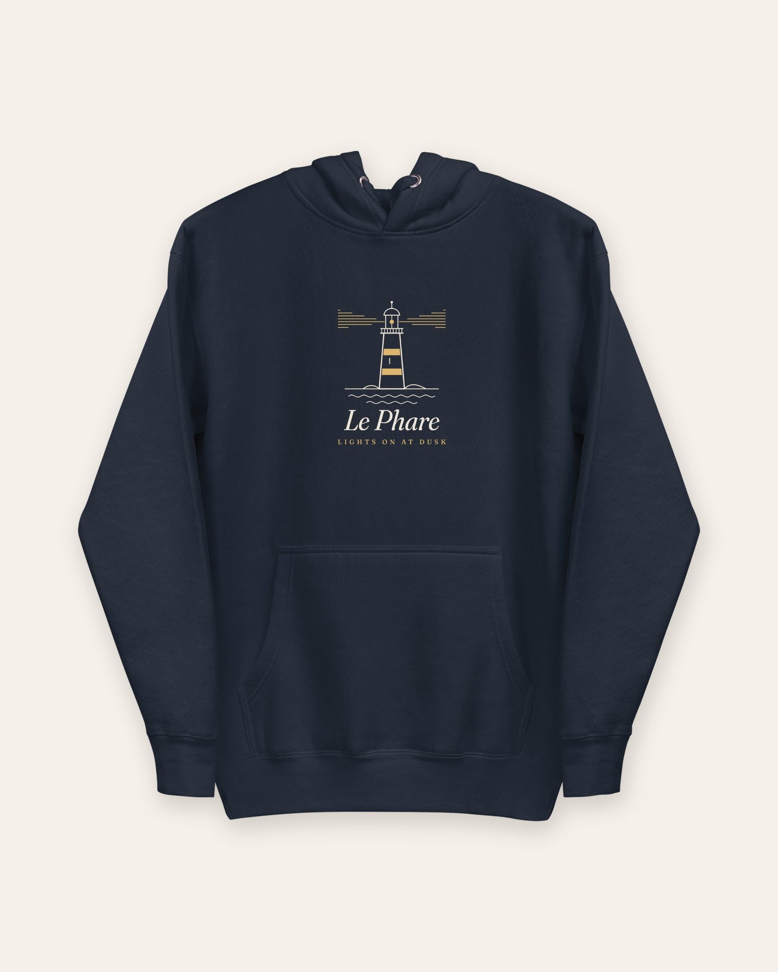 Le Phare Hoodie in Navy Blazer, flat lay front, product shot on cream