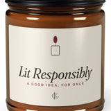 The Lit Responsibly Candle in Cinnamon Vanilla, close-up of the design