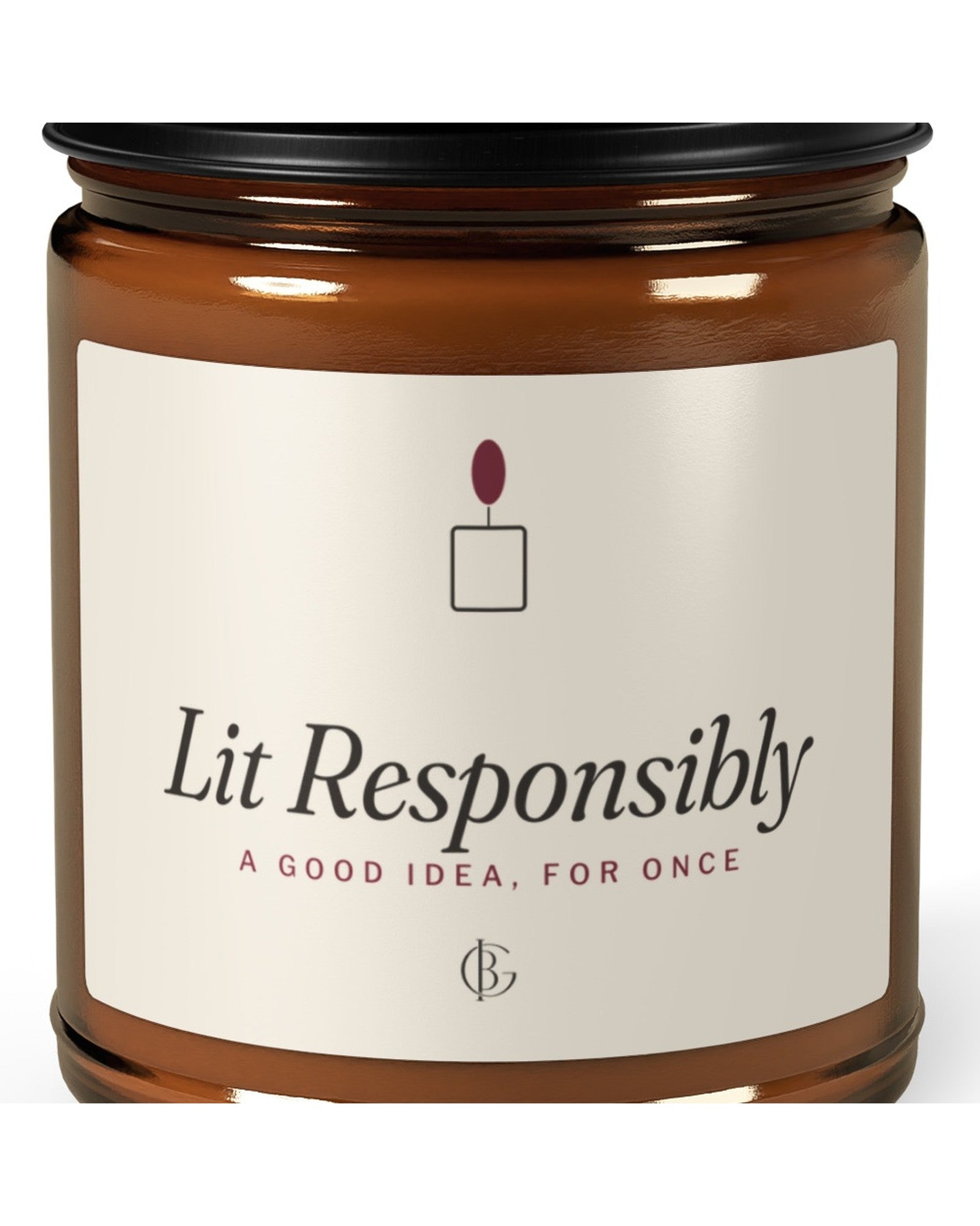 The Lit Responsibly Candle in Cinnamon Vanilla, close-up of the design