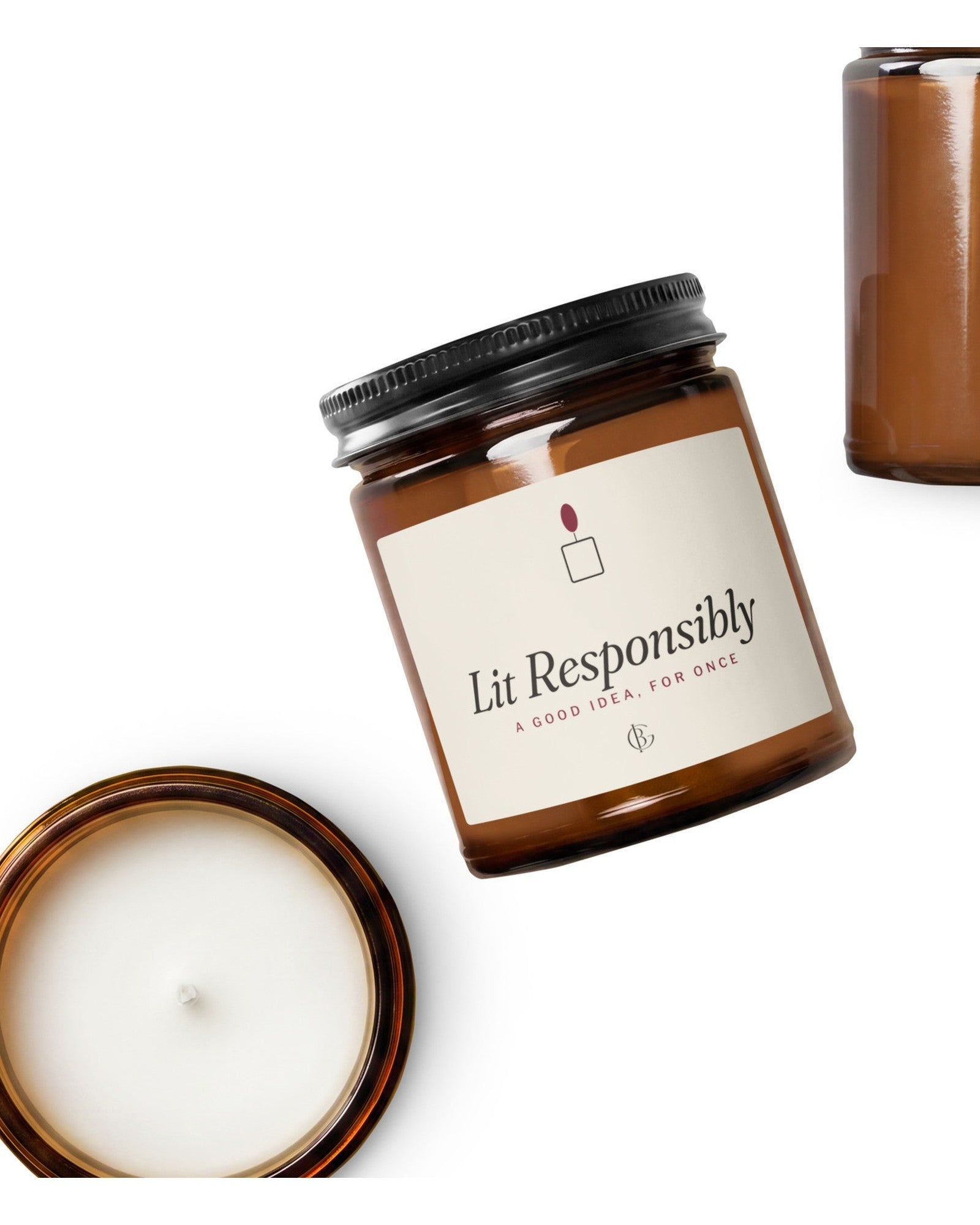 The Lit Responsibly Candle in Cinnamon Vanilla, close-up of the design
