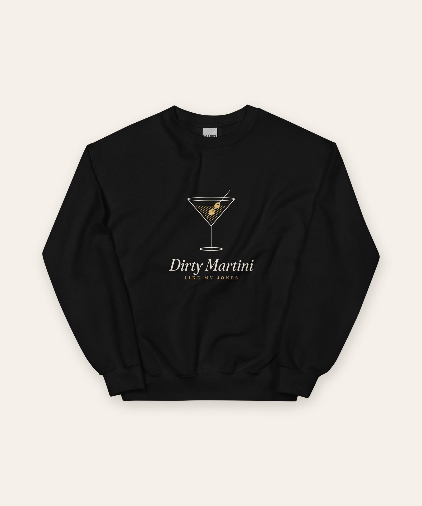 The Dirty Martini Crewneck in Black, flat lay front, product shot on cream