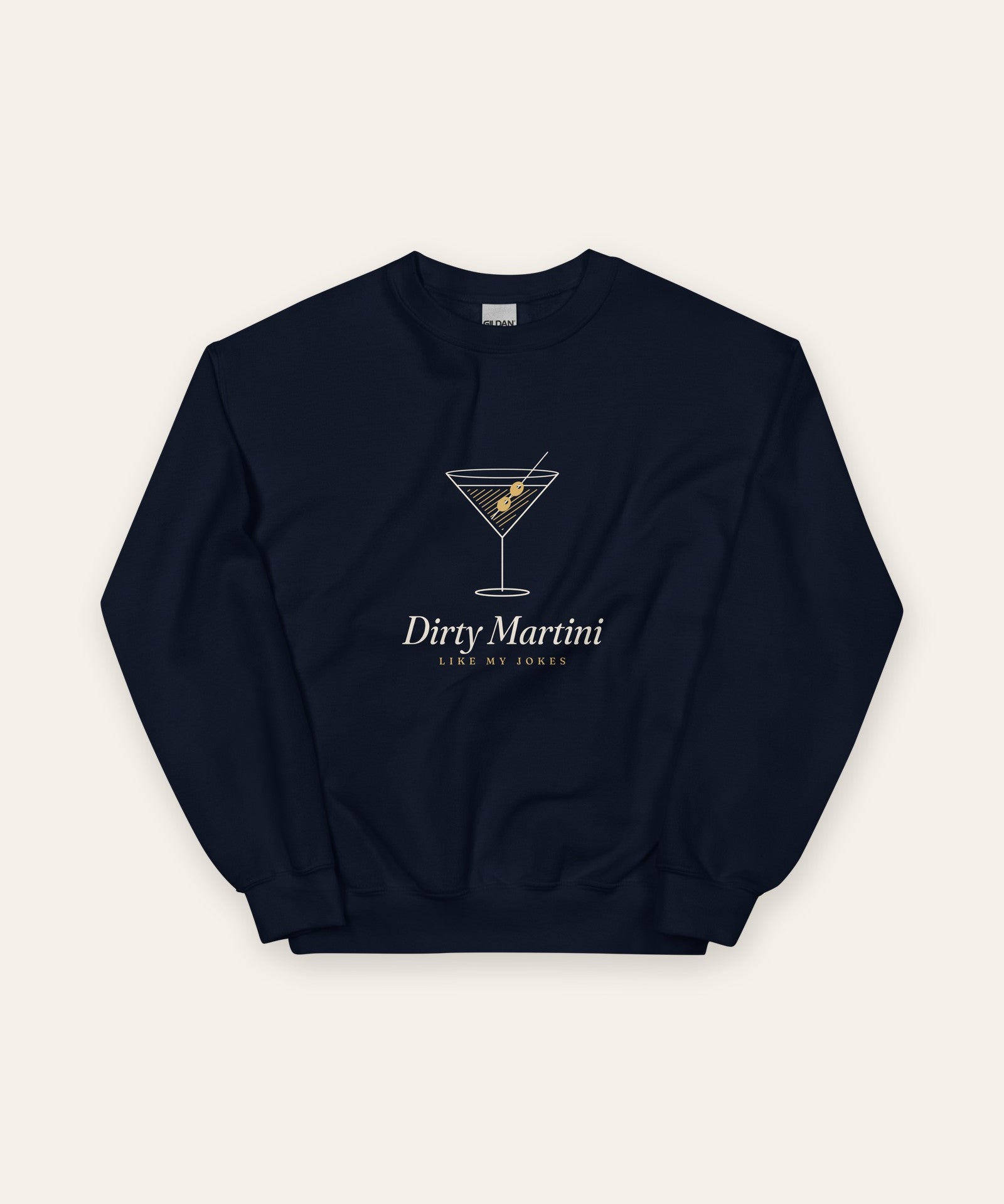 The Dirty Martini Crewneck in Navy, flat lay front, product shot on cream