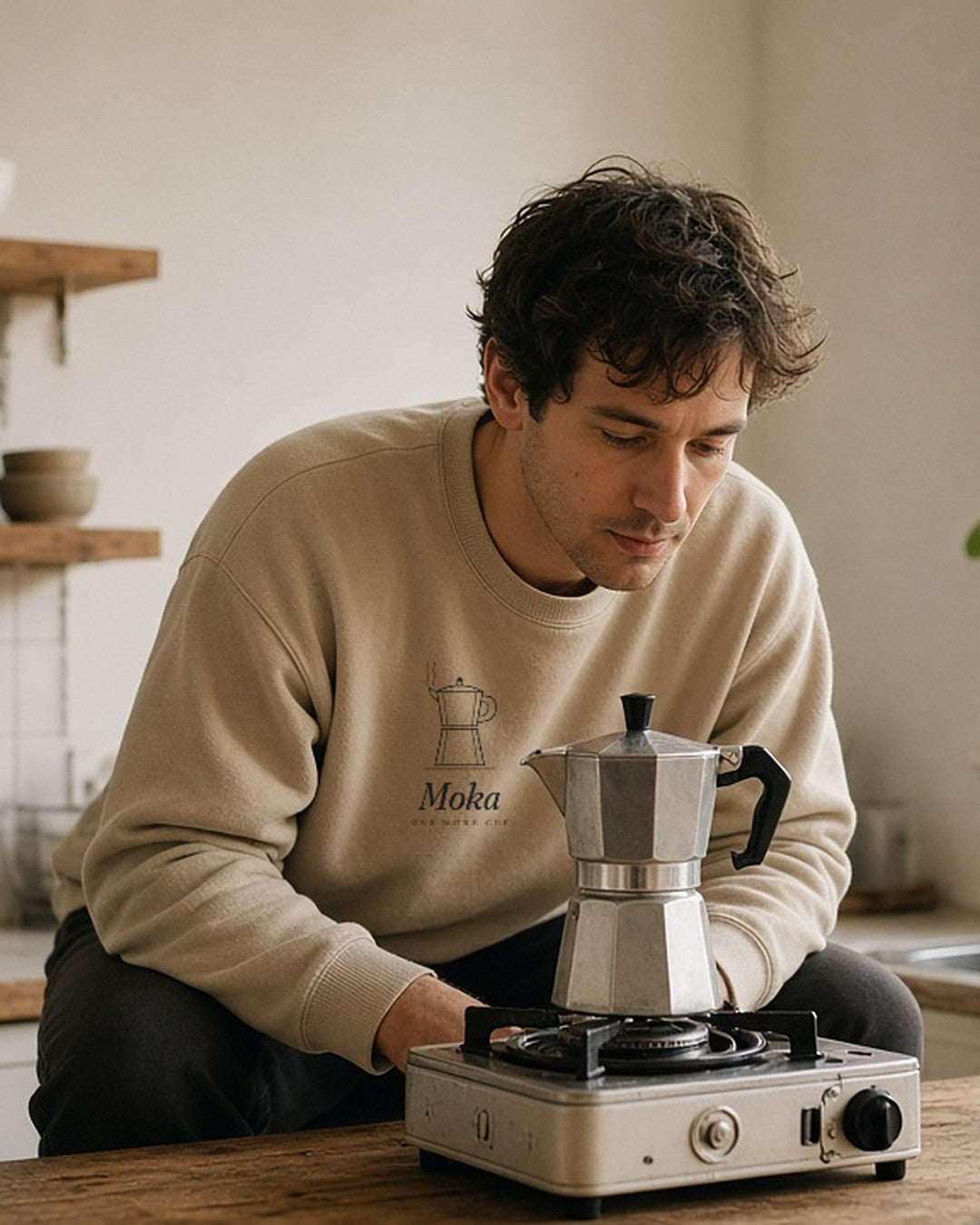 The Moka Crewneck in Sand, worn by a man waiting on a moka pot over a camp burner