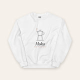 The Moka Crewneck in White, flat lay front, product shot on cream