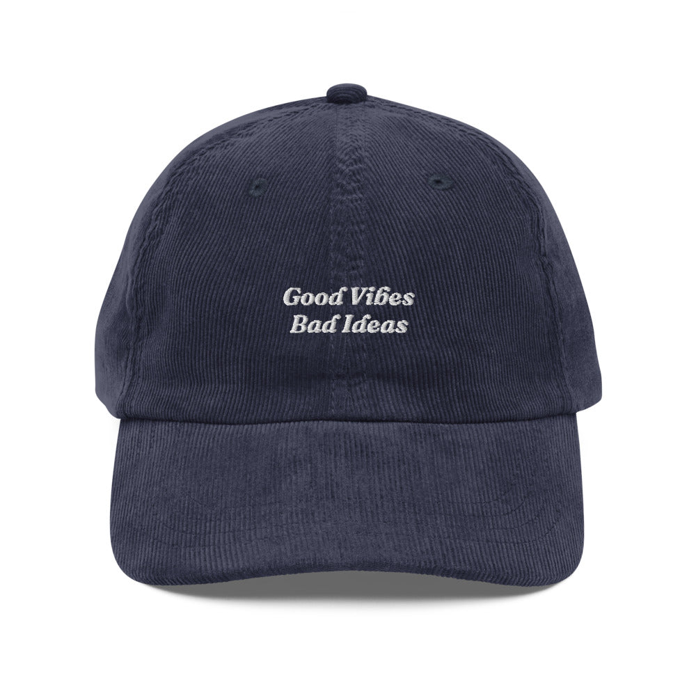The Good Vibes Bad Ideas Corduroy Cap in Navy, front