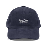 The Good Vibes Bad Ideas Corduroy Cap in Navy, front
