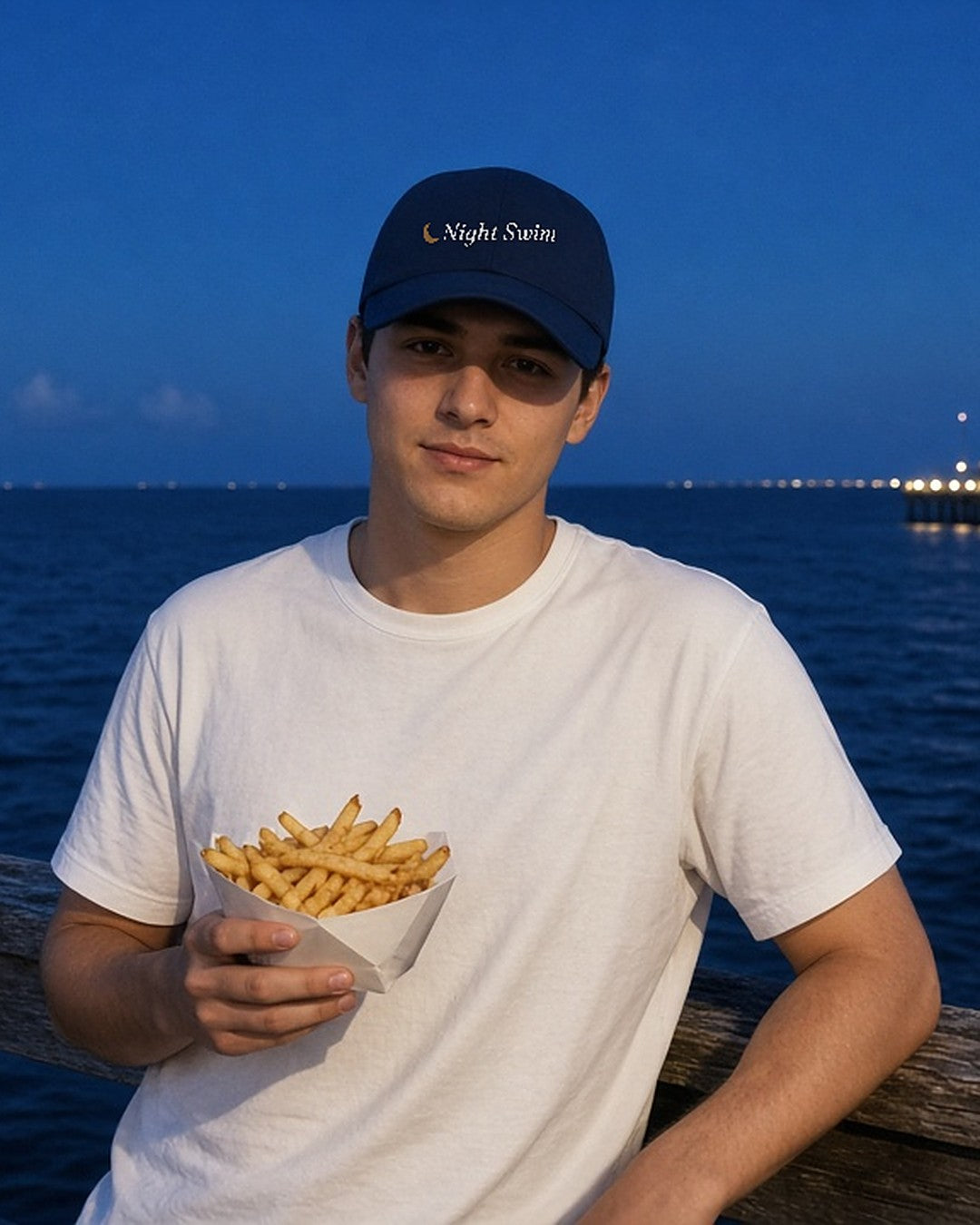 The Night Swim Dad Hat in Navy, worn at a boardwalk railing at blue hour with a boat of fries