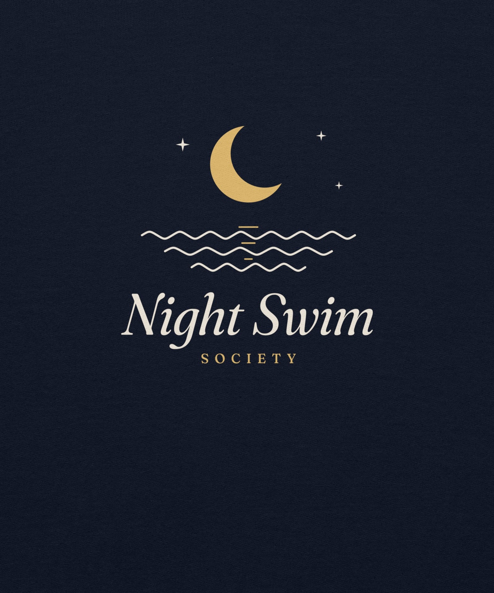 The Night Swim Society Crewneck in Navy, close-up detail