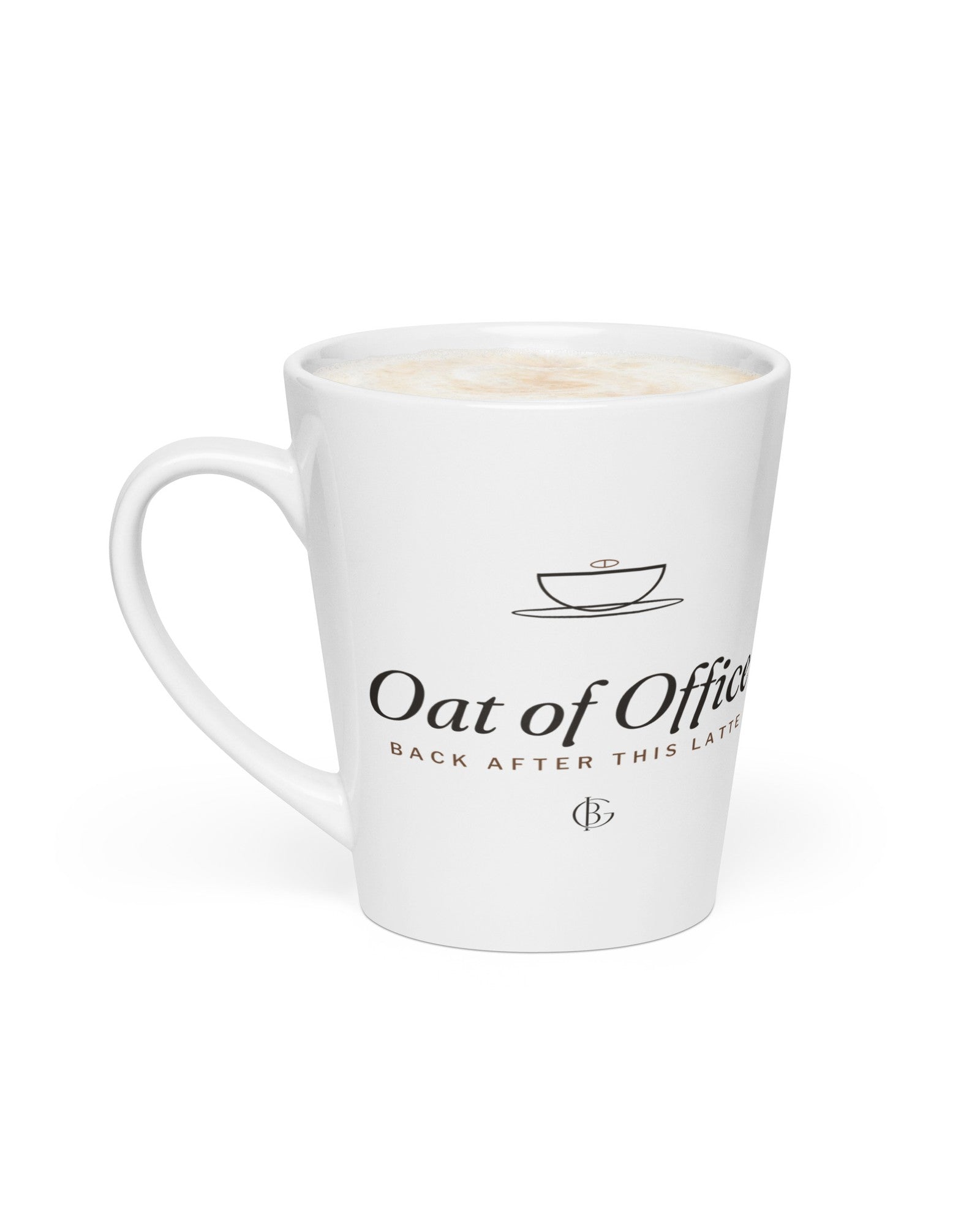 The Oat of Office Latte Mug in White, product shot from another angle