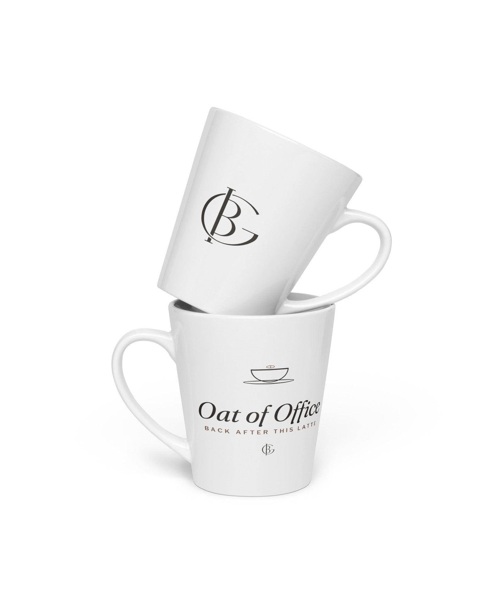 The Oat of Office Latte Mug in White, product shot from another angle