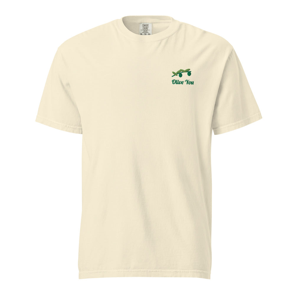 The Olive You Embroidered Tee in Ivory, flat front