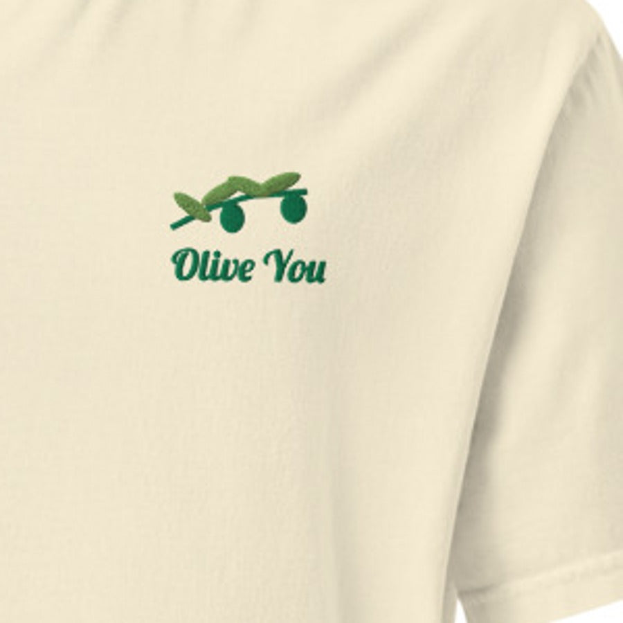 The Olive You Embroidered Tee, close-up of the embroidered olive branch