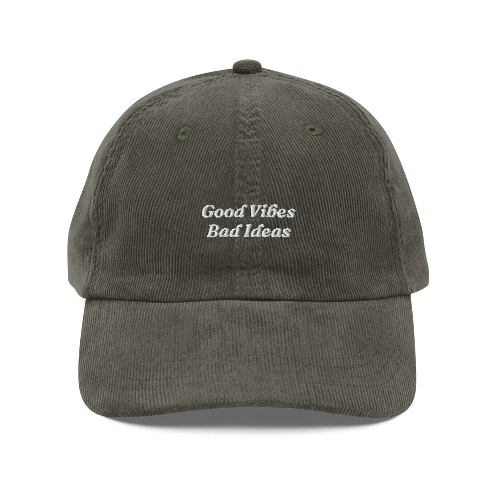 The Good Vibes Bad Ideas Corduroy Cap in Olive, front