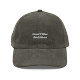 The Good Vibes Bad Ideas Corduroy Cap in Olive, front