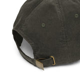 The Good Vibes Bad Ideas Corduroy Cap in Olive, embroidery detail