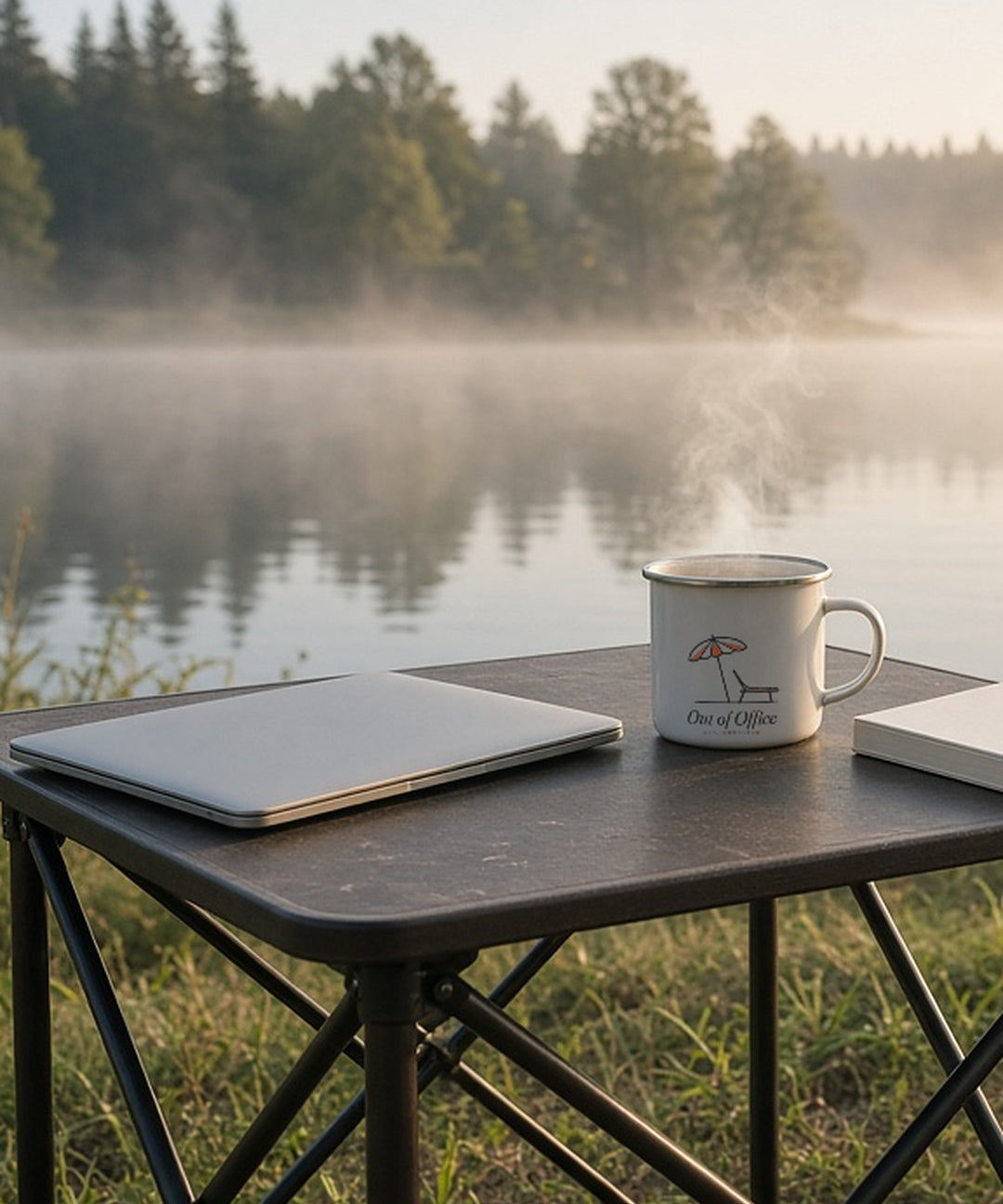 The Out of Office Camp Mug on a camp table by a misty lake next to a closed laptop