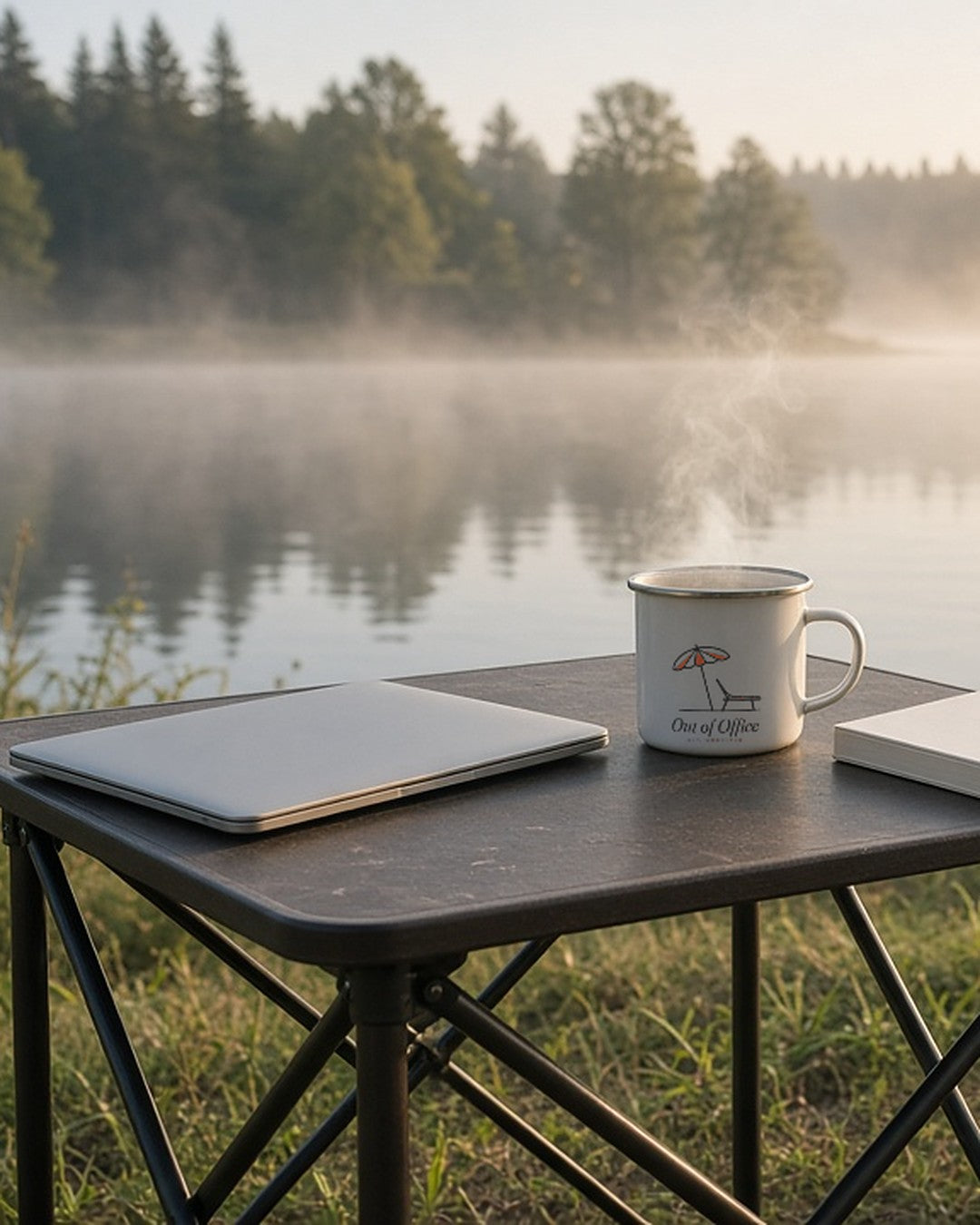 The Out of Office Camp Mug on a camp table by a misty lake next to a closed laptop