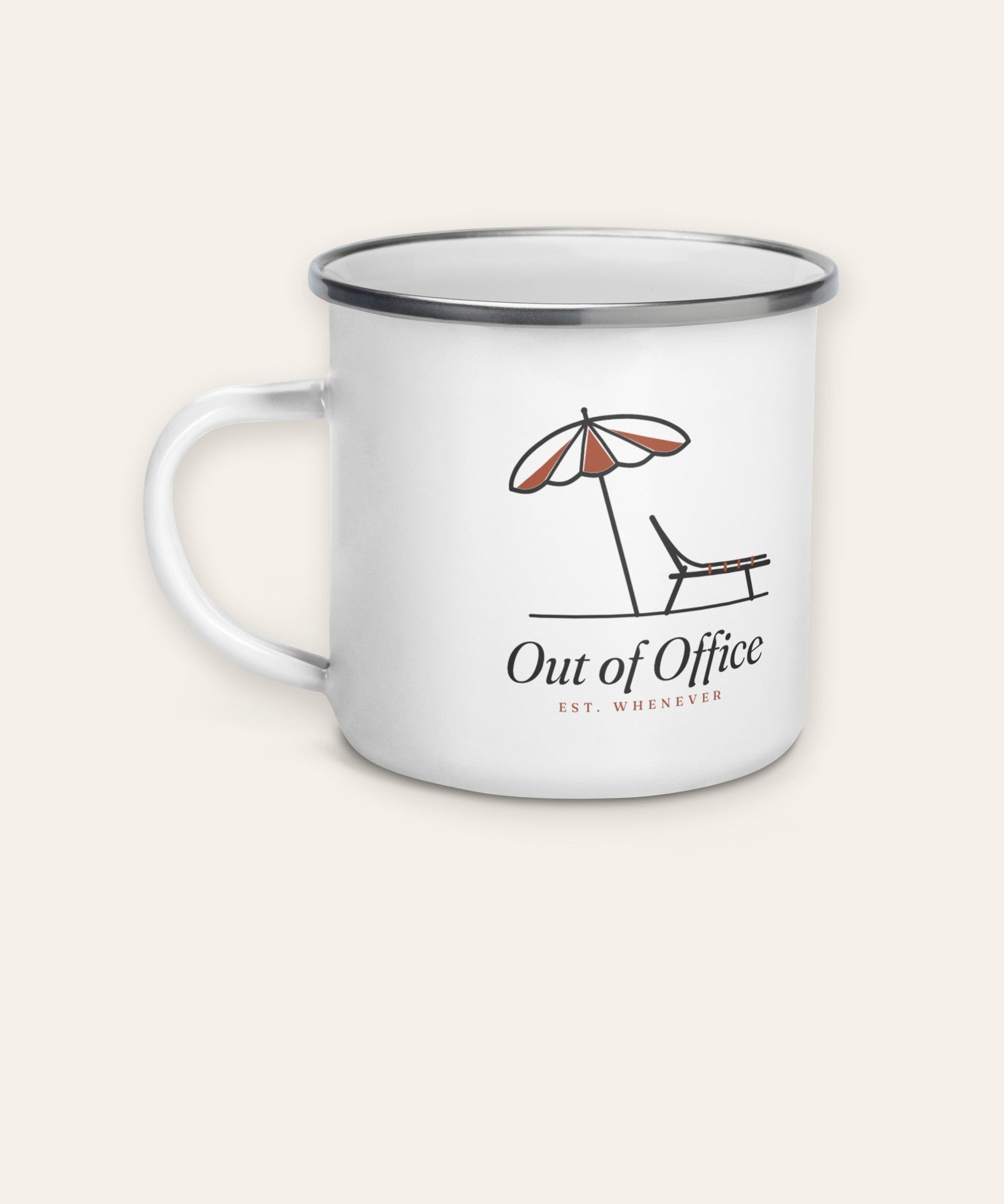 The Out of Office Camp Mug, product shot on cream