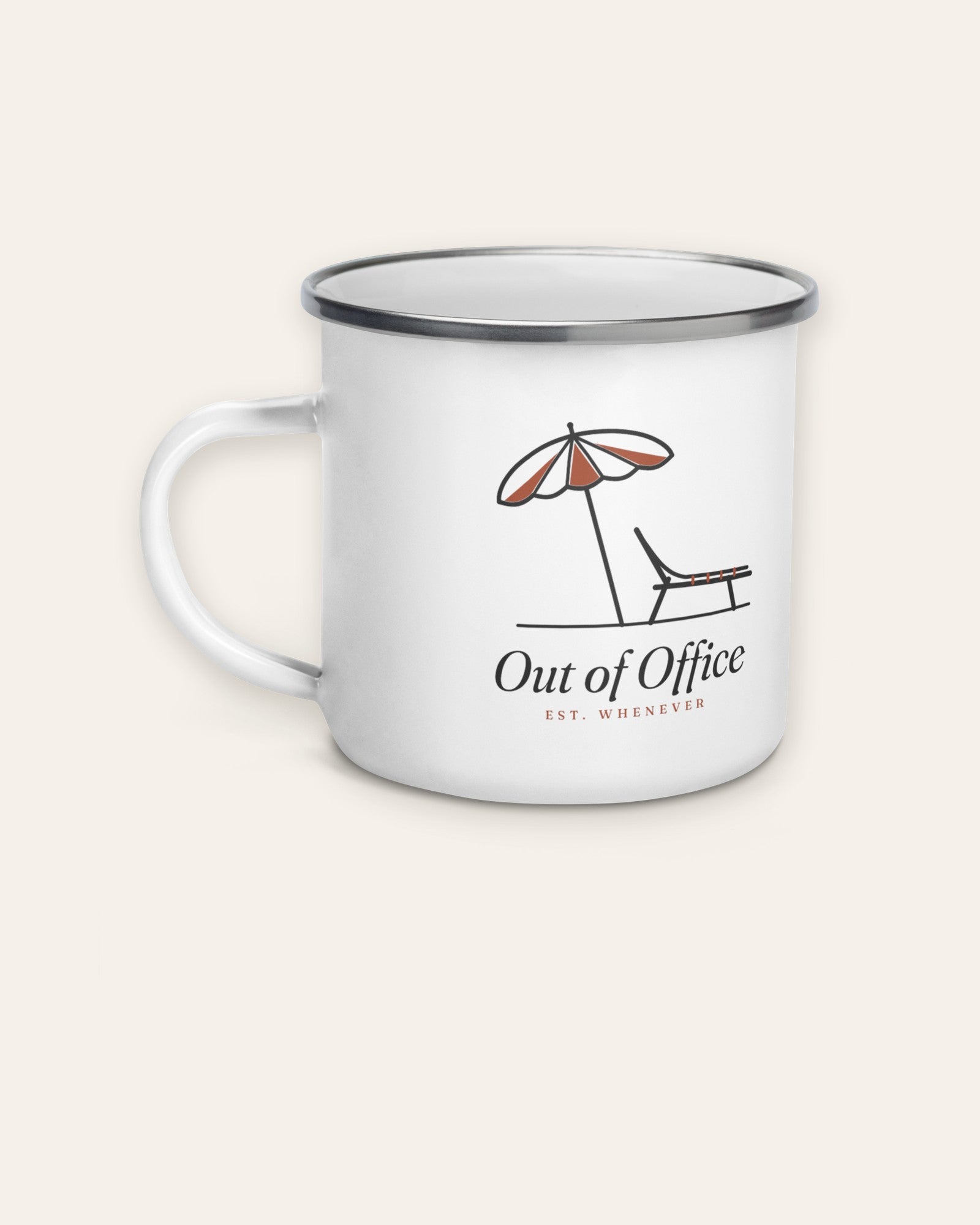 The Out of Office Camp Mug, product shot on cream