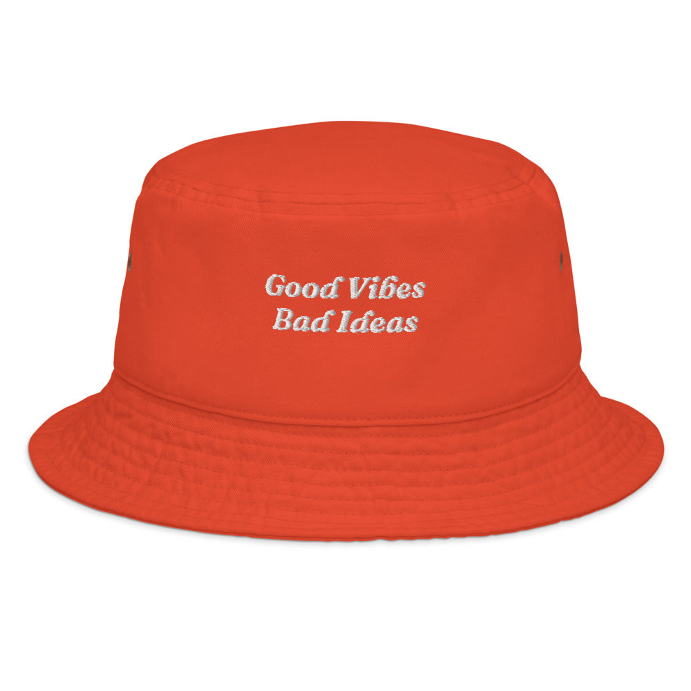 The Good Vibes Bad Ideas Bucket Hat in Orange, front