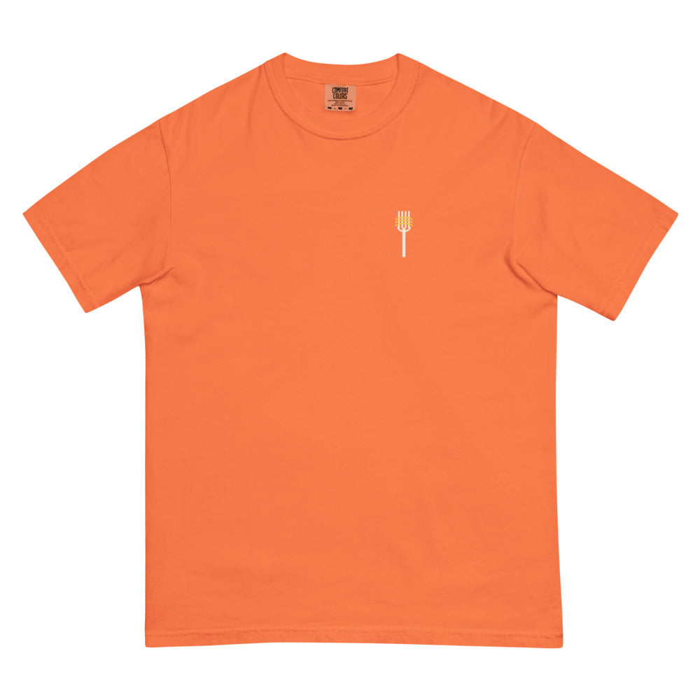 The Pasta La Vista Tee in Burnt orange, front with a small fork