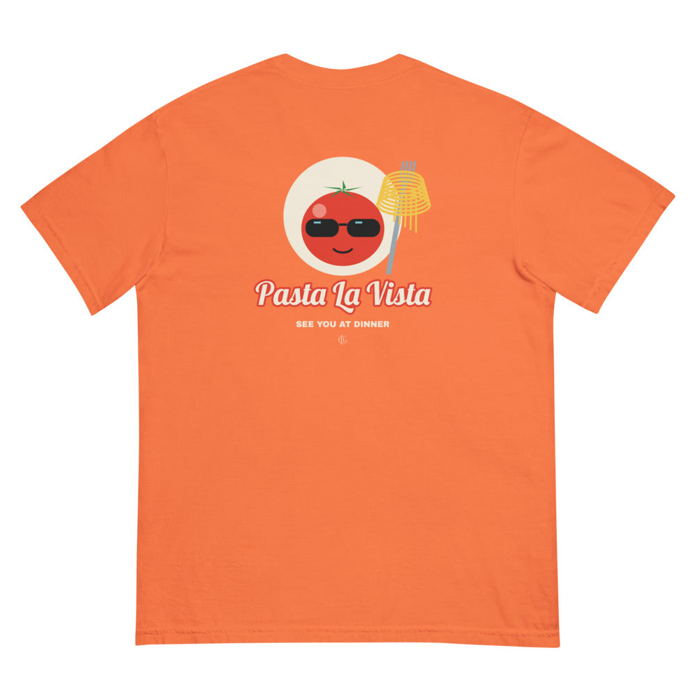 The Pasta La Vista Tee in Burnt orange, back with the tomato in sunglasses