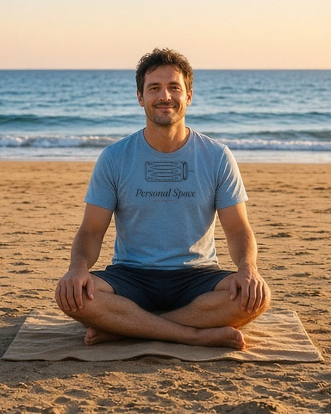 The Personal Space Tee in Chambray, man in the Chambray tee alone, cross-legged on a tiny towel on a wide sandy beach, sea behind