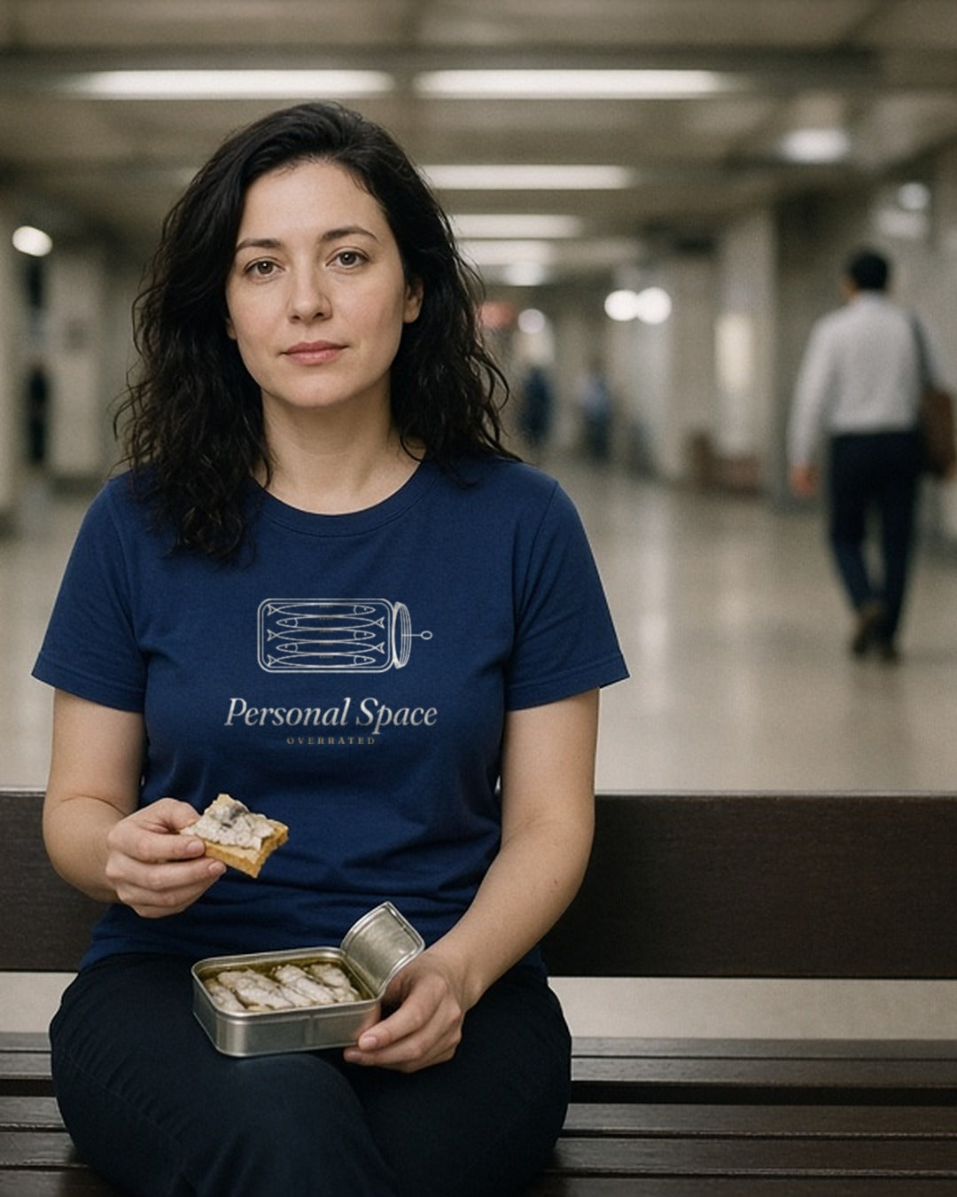 The Personal Space Tee in True Navy, a woman (30s) in True Navy on a packed subway platform bench, completely calm, eating tinned fish on crackers