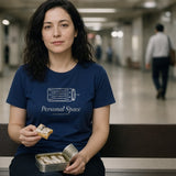 The Personal Space Tee in True Navy, a woman (30s) in True Navy on a packed subway platform bench, completely calm, eating tinned fish on crackers