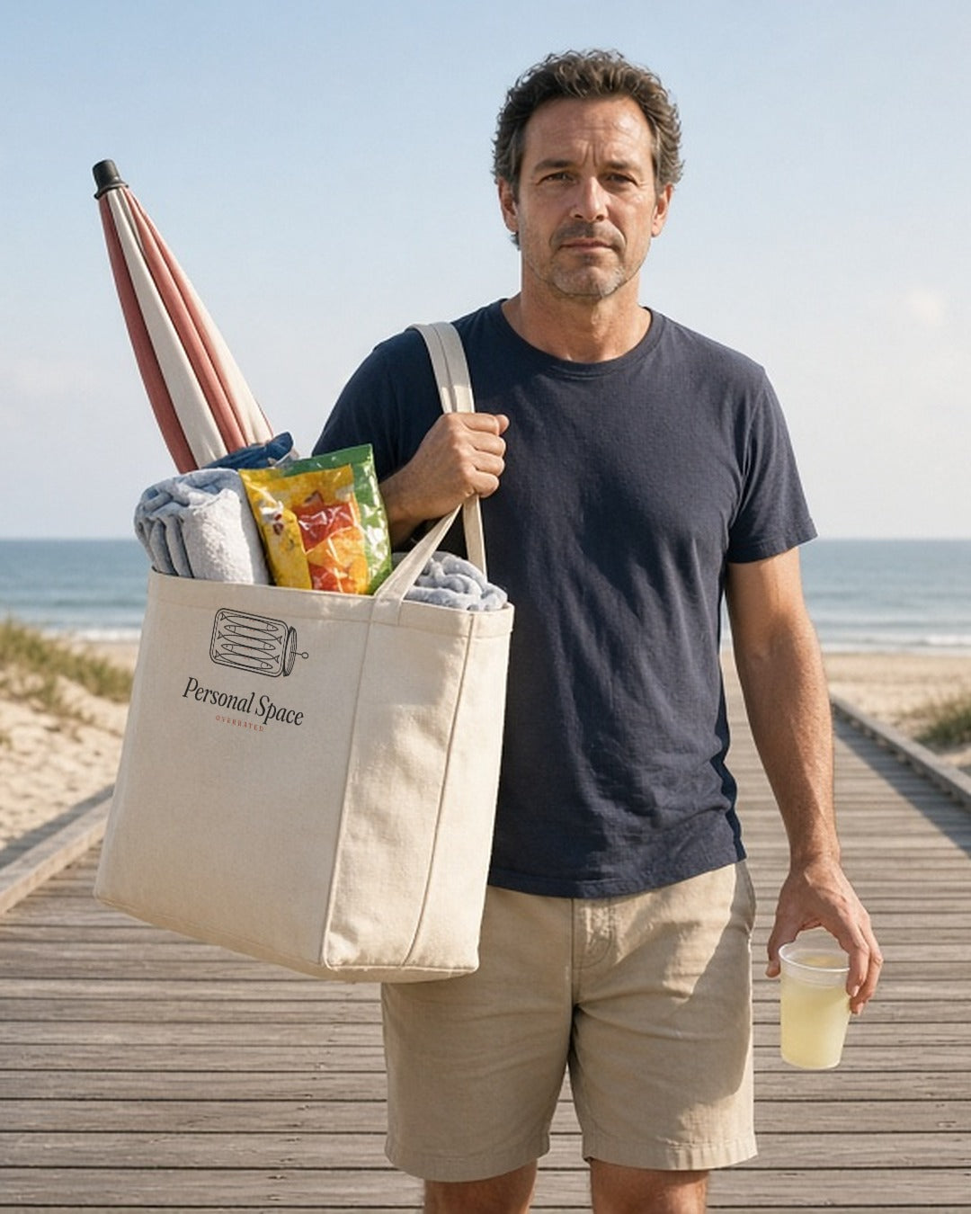 The Personal Space Tote in Oyster, man on a beach boardwalk with the tote on his shoulder, a beach umbrella, towel and snacks packed, drink in hand
