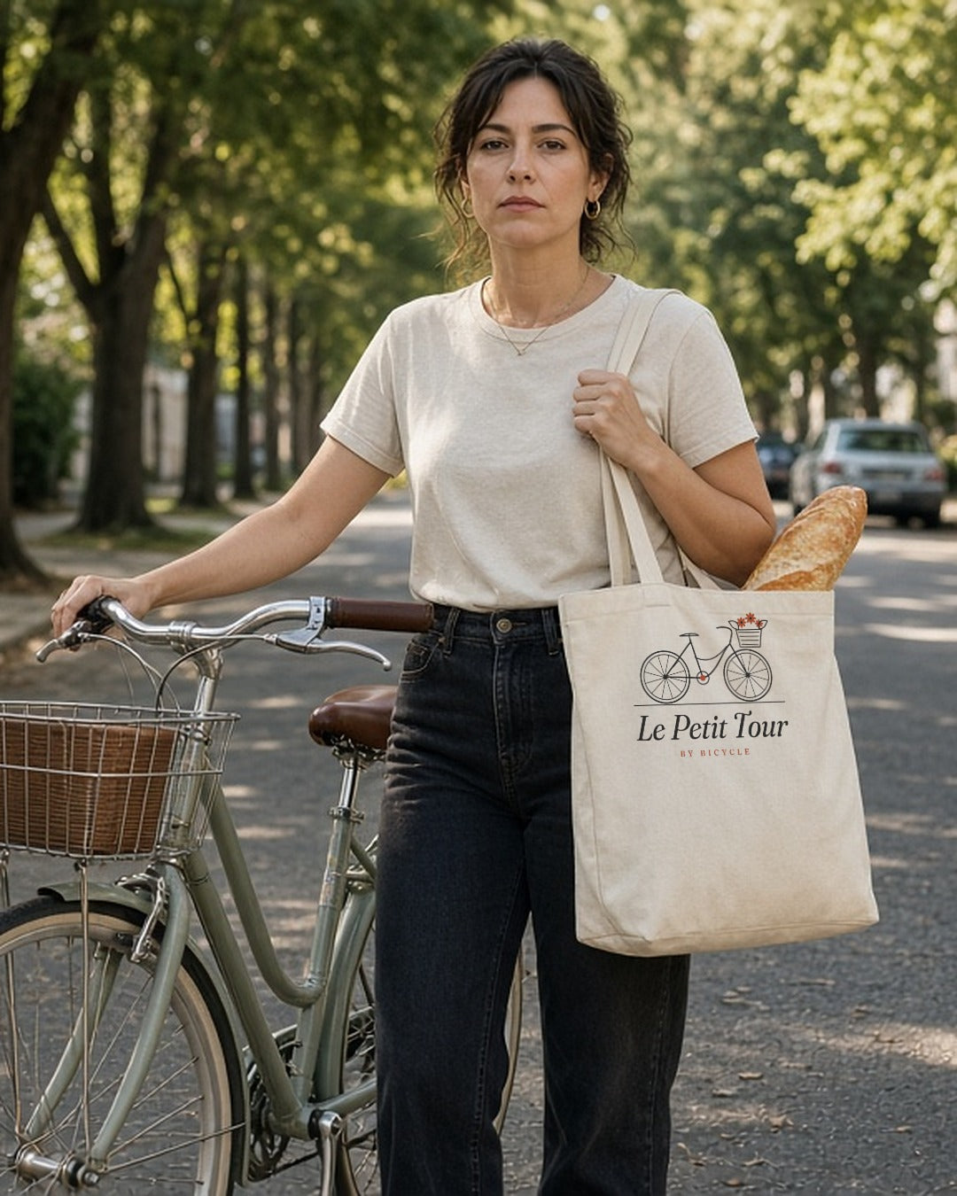 Le Petit Tour Tote in Oyster, woman walking her bike down a tree-lined street, tote on her shoulder with a baguette
