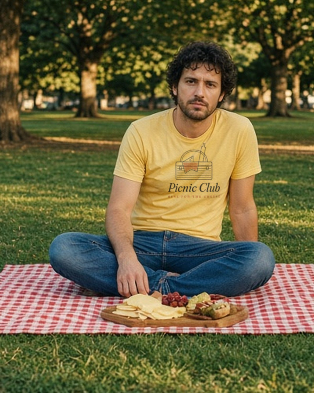The Picnic Club Tee in Butter, man in the Butter tee alone, cross-legged on a red gingham blanket in a park with a cheese board in front