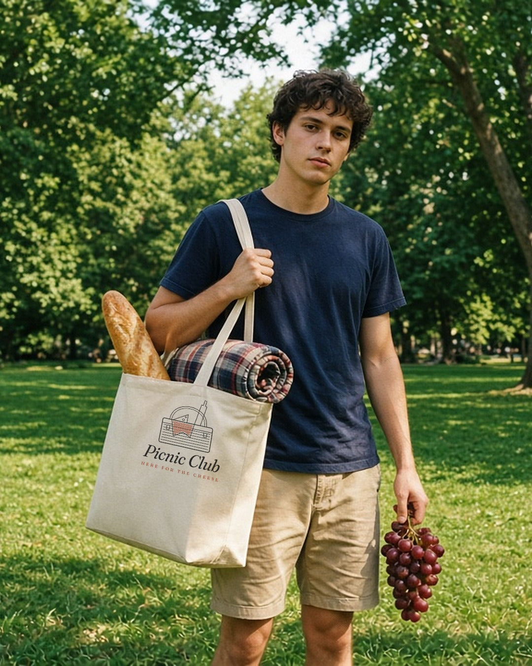 The Picnic Club Tote in Oyster, young man in a park, tote on his shoulder with a baguette and a picnic blanket, bunch of grapes in hand