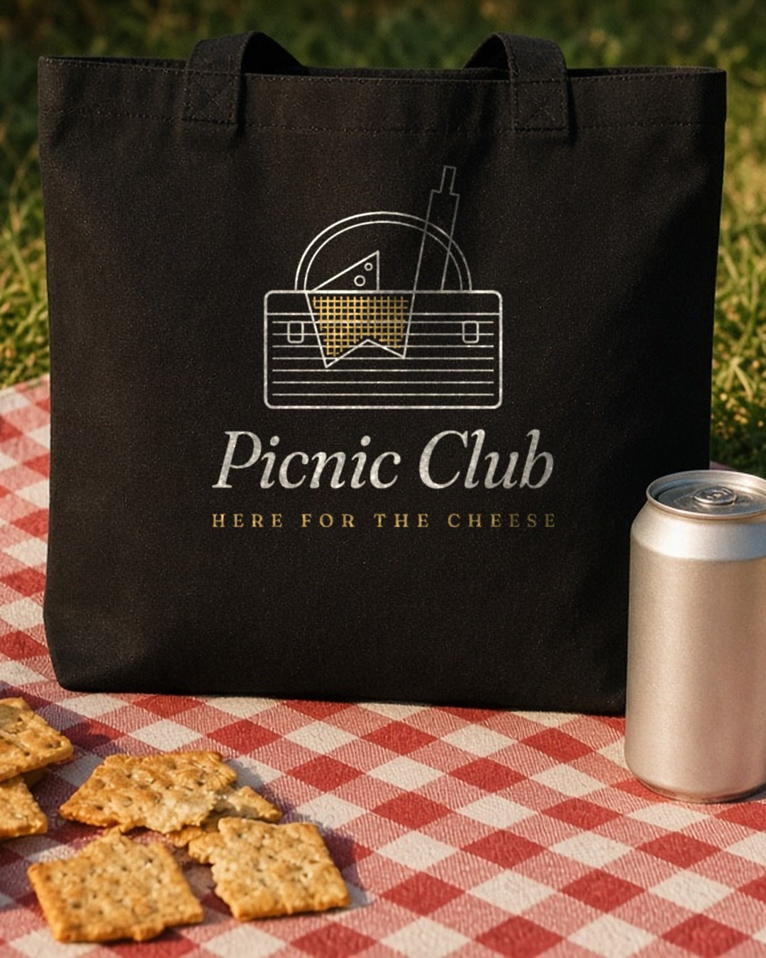 The Picnic Club Tote in Black, the Black tote on a picnic blanket, cheese, crackers and soda cans around it