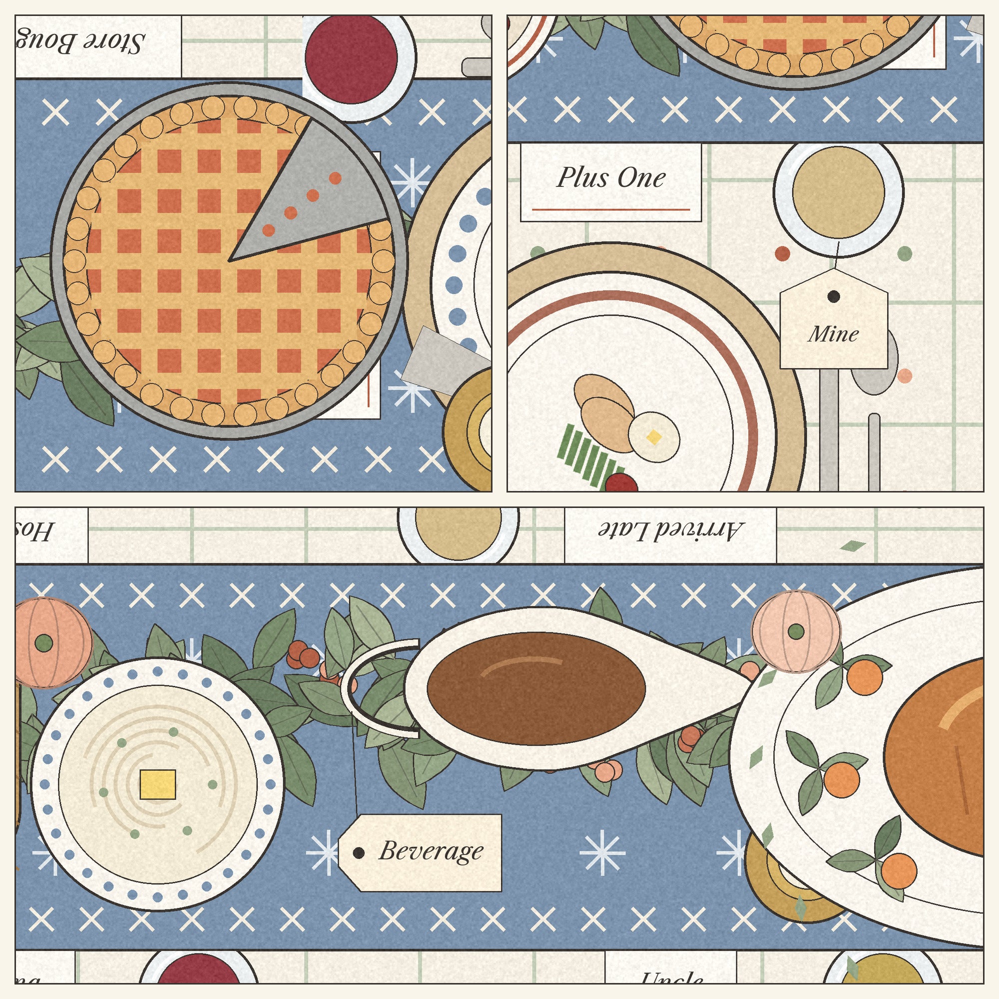 Details: a pie missing a slice, a wine glass tagged Mine and a gravy boat labeled Beverage