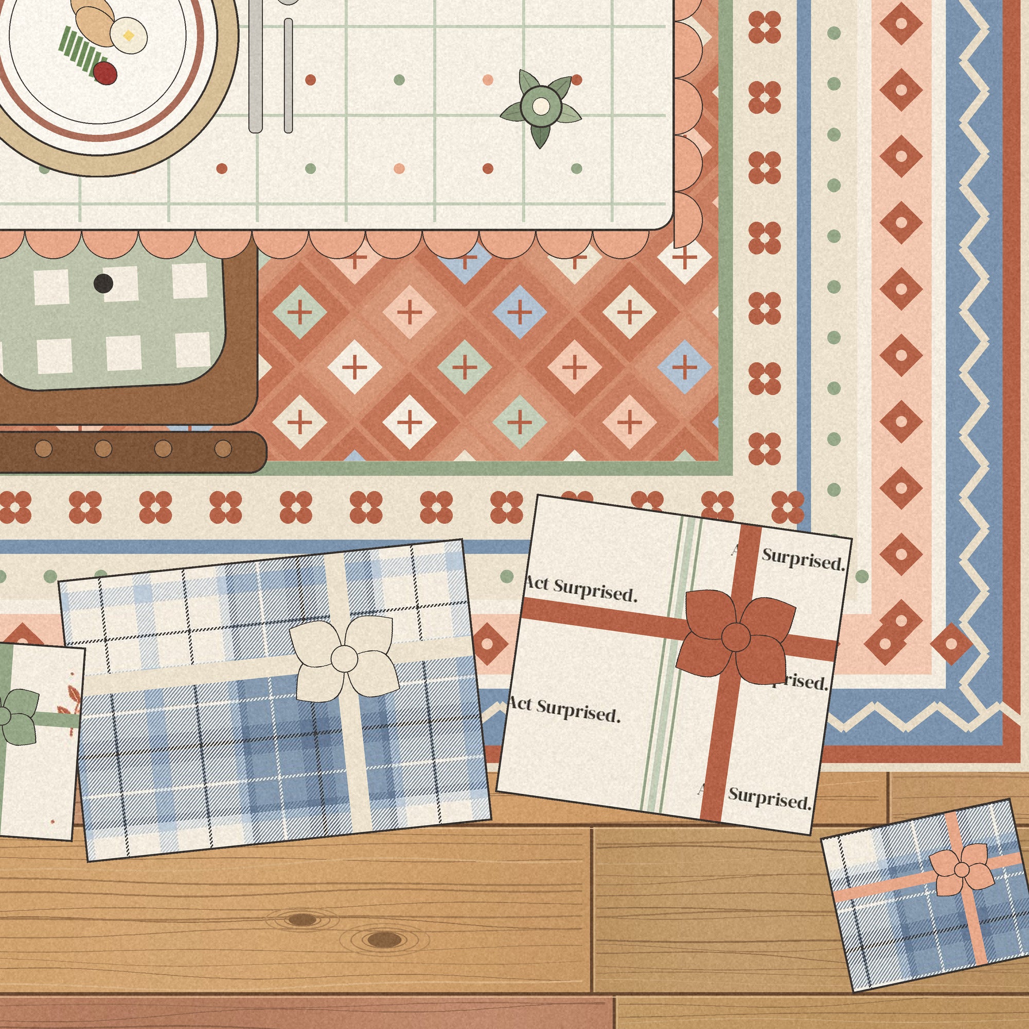 Detail: little gifts wrapped in the Act Surprised papers on the plank floor