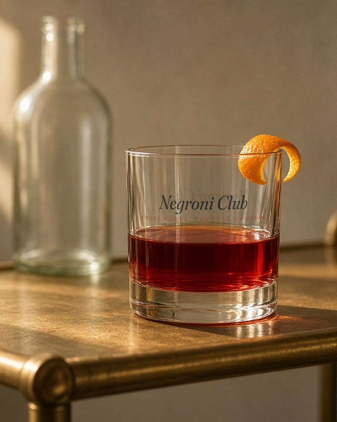 The Negroni Club Rocks Glass in Clear 10.5 oz, Negroni with an orange twist on a brass bar cart