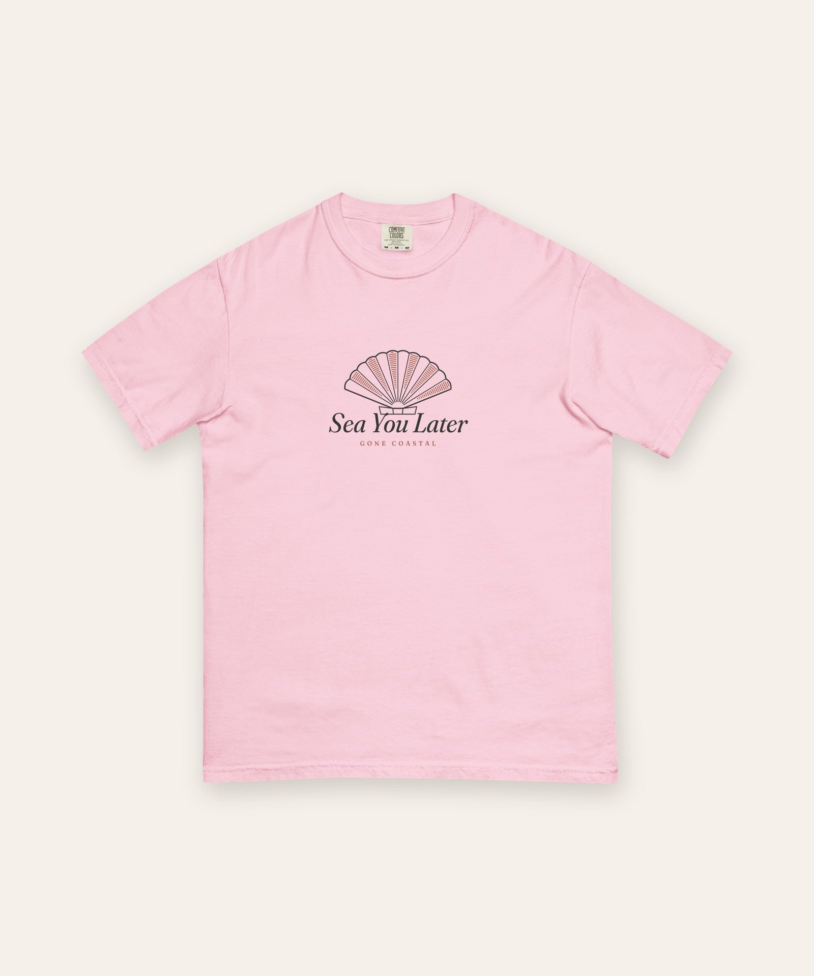 The Sea You Later Tee in Blossom, flat lay front, product shot on cream